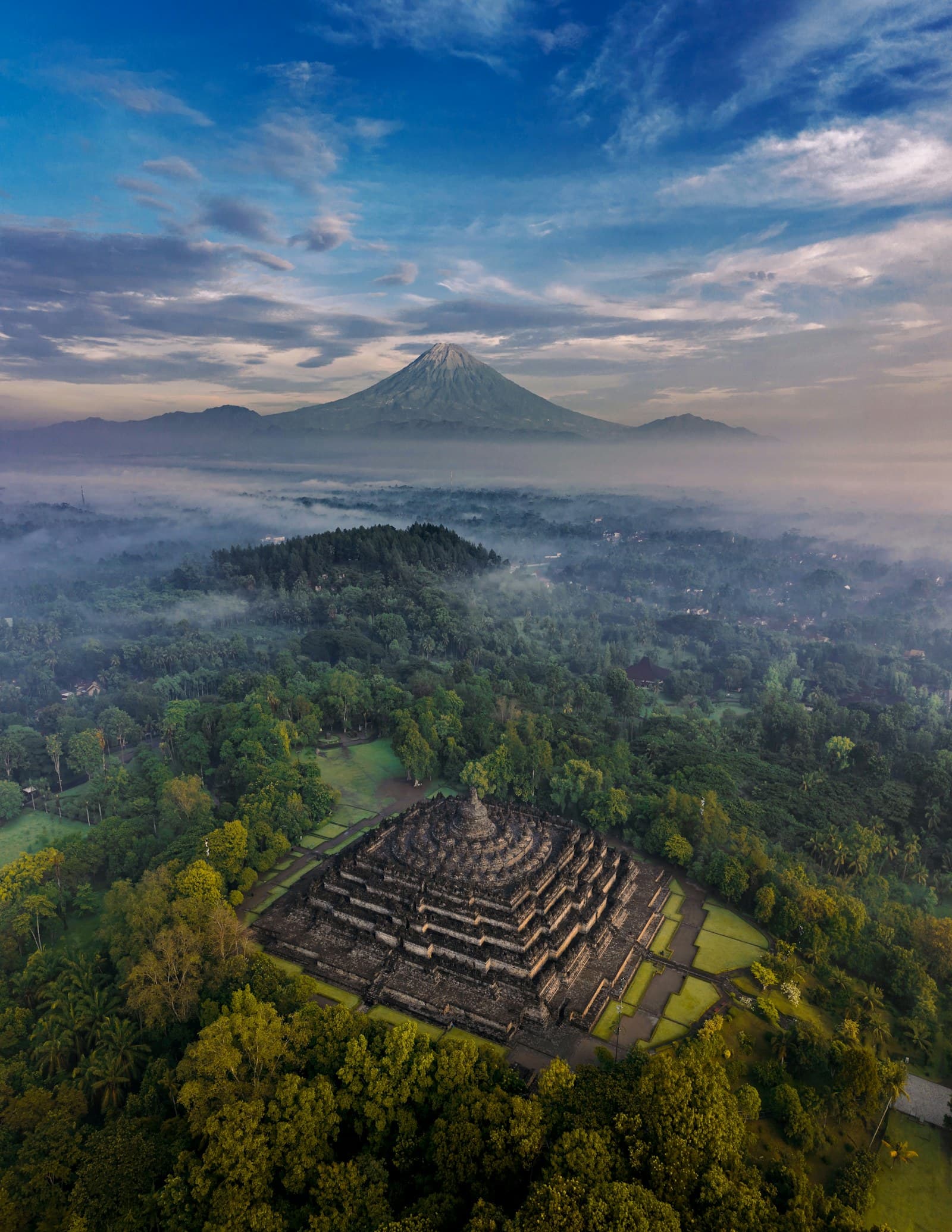 Borobudur temple with stupas at sunrise