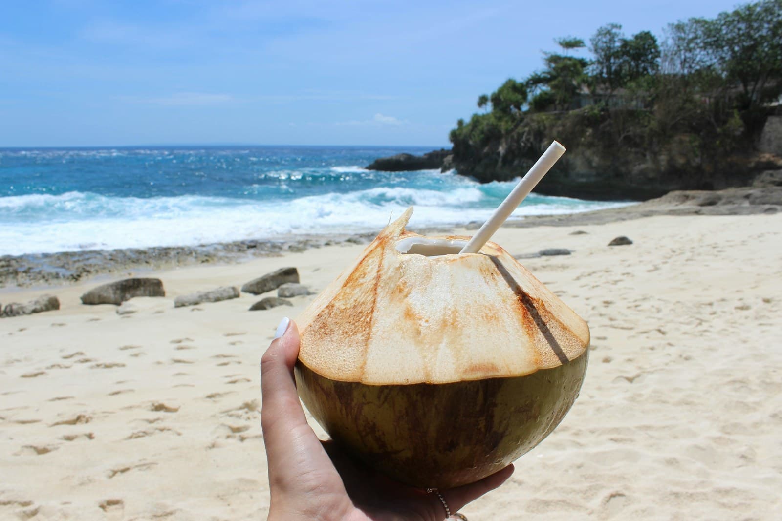 Fresh coconut and tropical fruit smoothie bowl in Bali