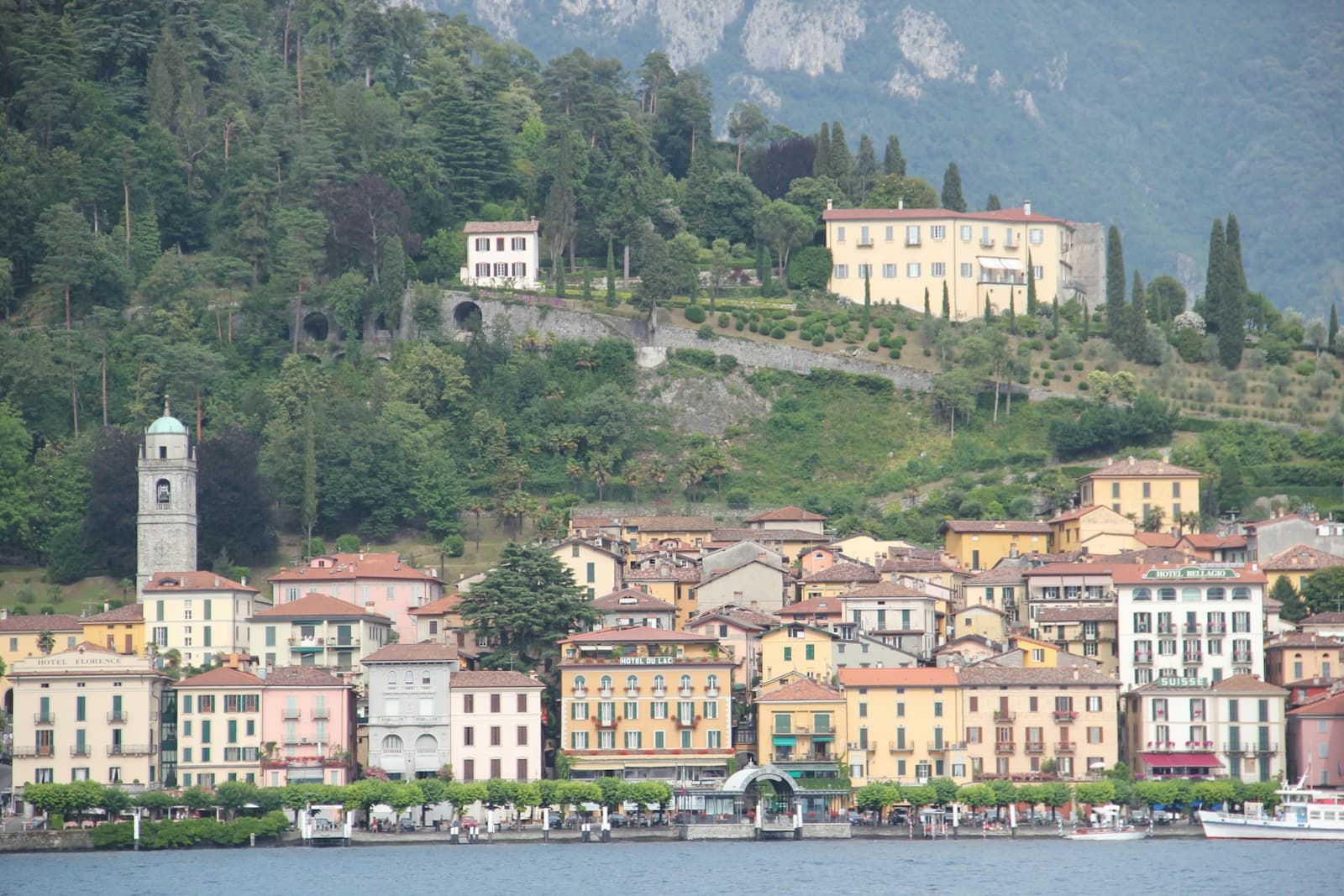 Lake Como with mountains and a lakeside village