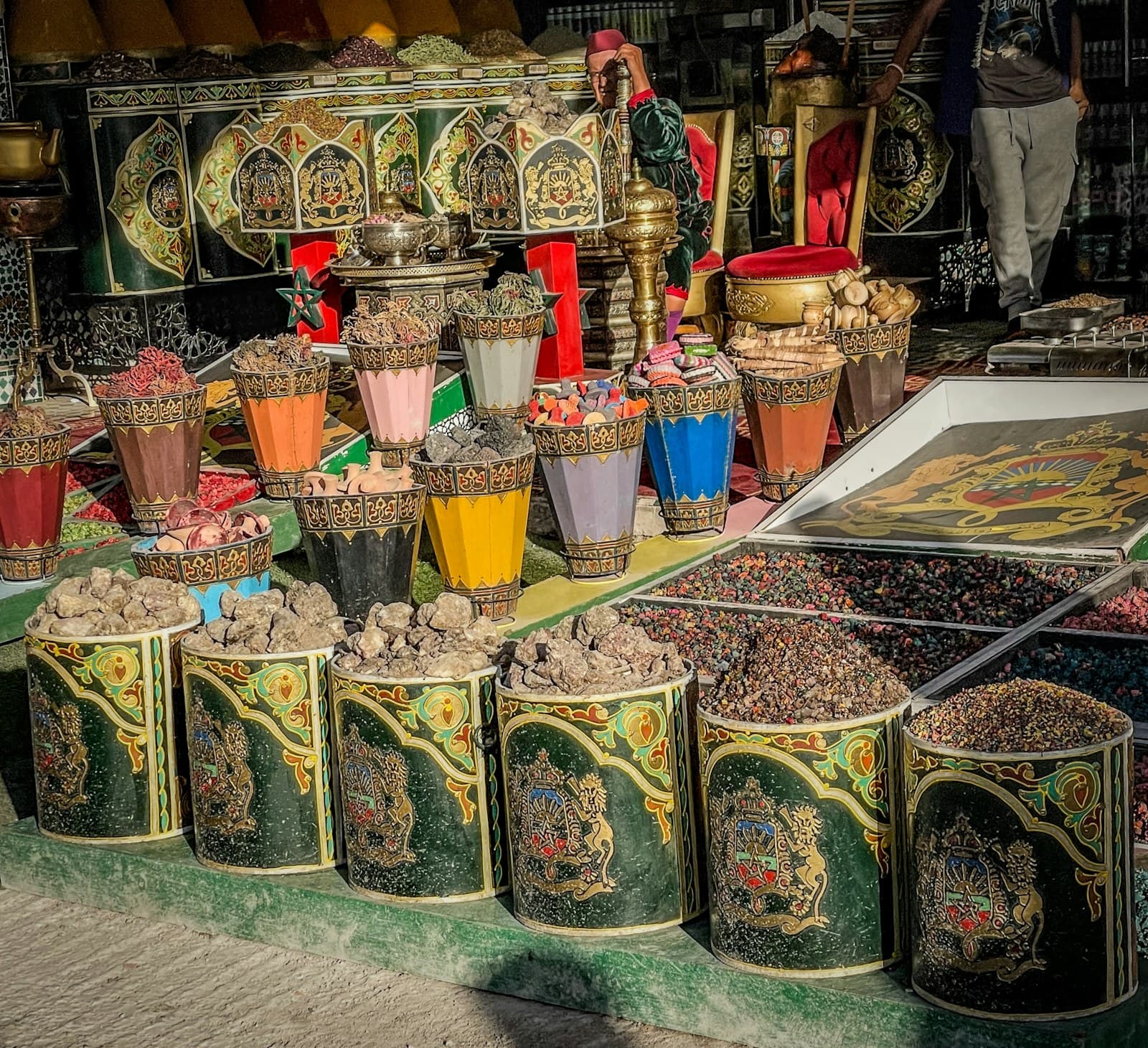 Colorful piles of spices in a Moroccan souk
