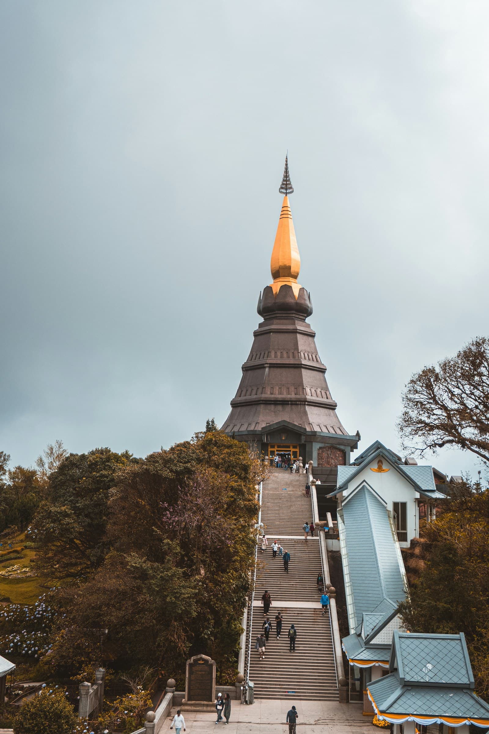 Chedi doré du temple Doi Suthep sur une montagne boisée
