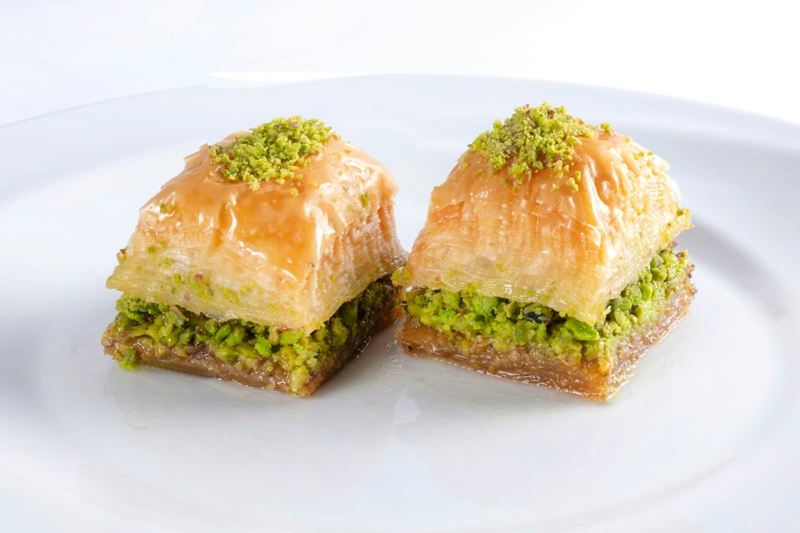 Tray of Turkish baklava with pistachios