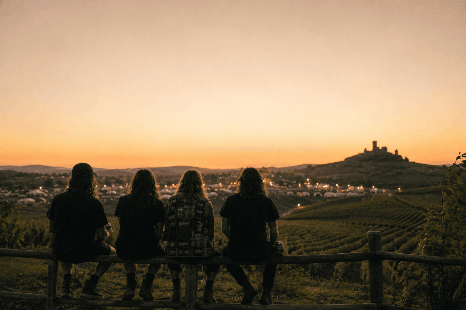 Hellfest 2026 – Freunde beim Sonnenuntergang über den Weinbergen von Clisson und dem Festivalgelände