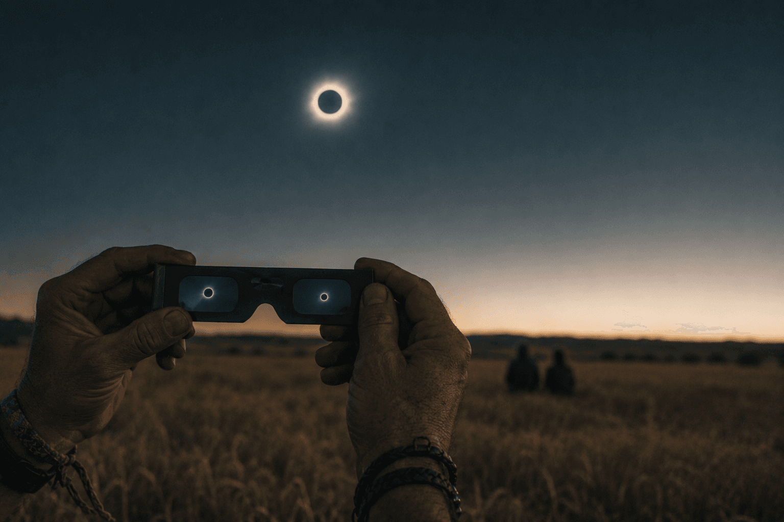 Totale Sonnenfinsternis vom 12. August 2026 – Sonnenfinsternisbrille hochgehalten zur Korona über einem spanischen Weizenfeld