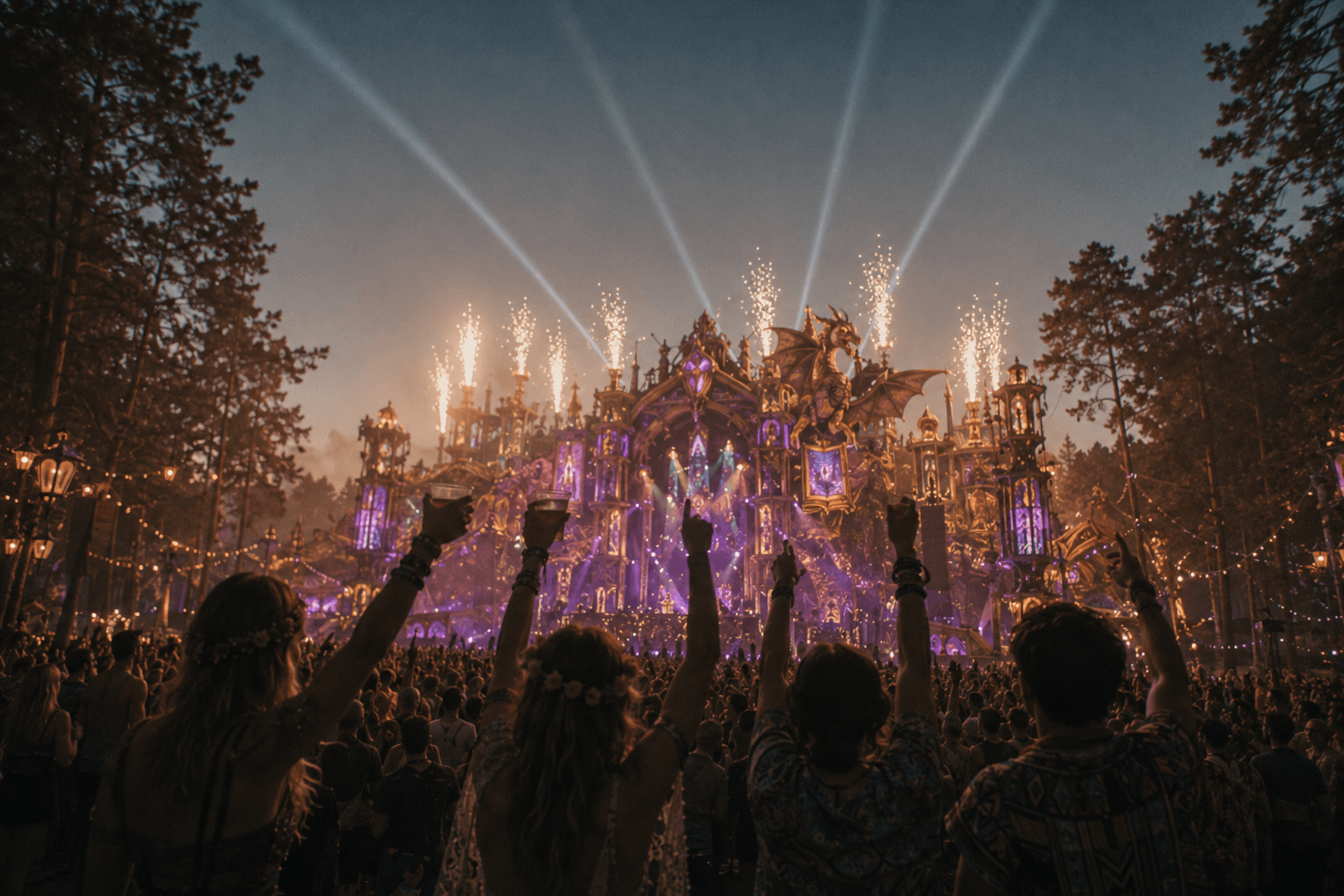 Tomorrowland 2026 – Fans vor der prächtigen Mainstage mit Pyrotechnik im belgischen Wald in der Dämmerung