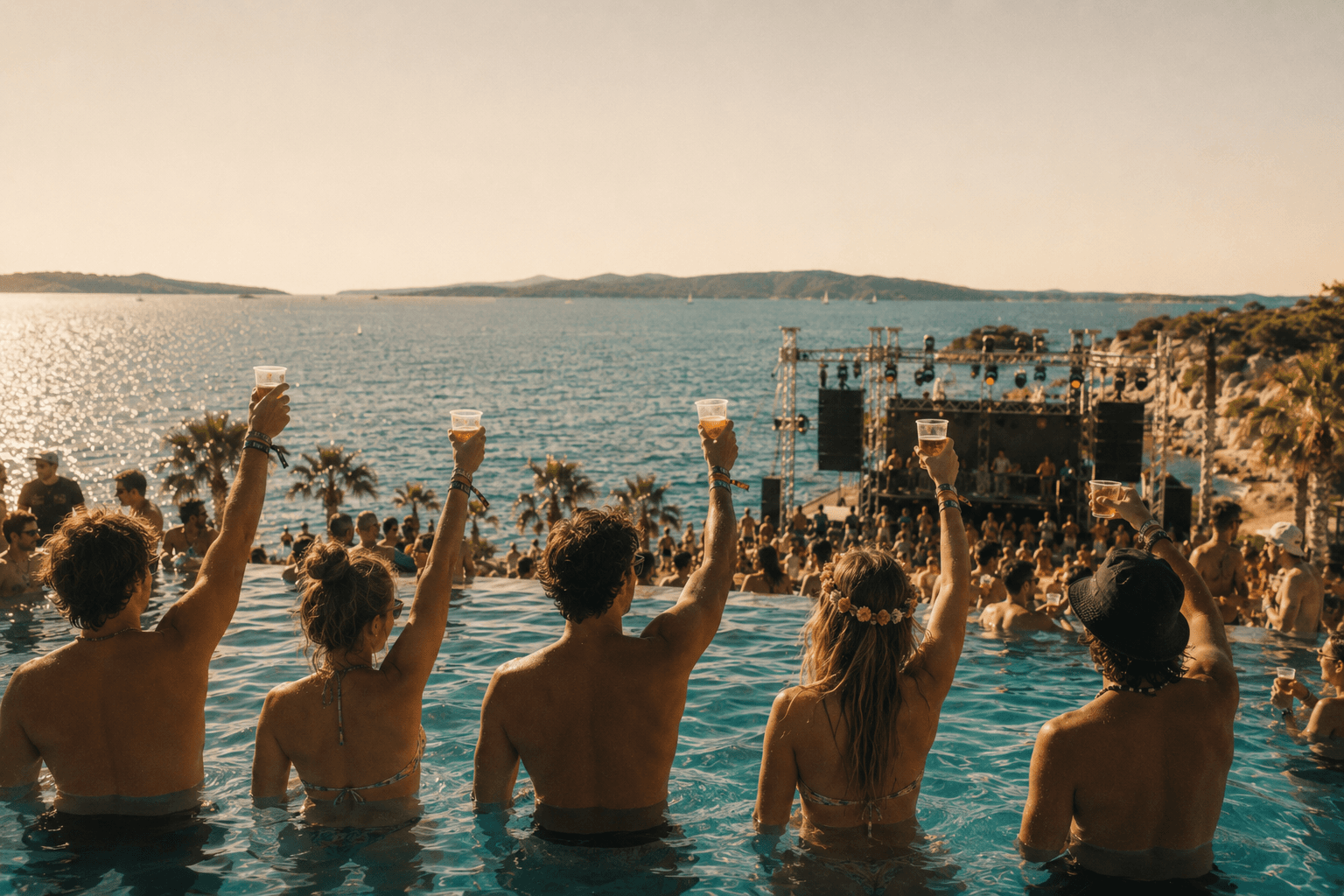Ultra Europe 2026 — friends at an infinity pool party with the EDM stage and the Croatian Adriatic in the background